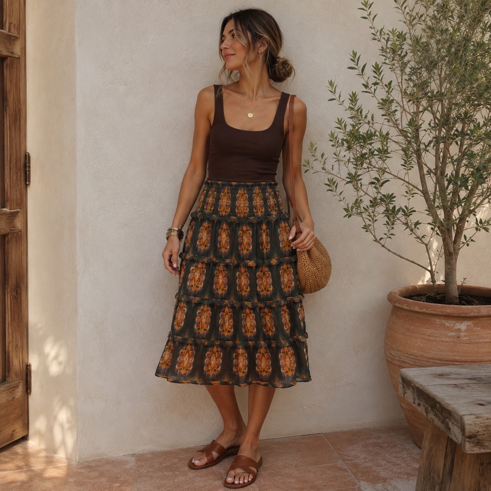 A Loves A Ramie Cotton Tiered Ruffle Midi Skirt Green Orange Ikat Smocked Small